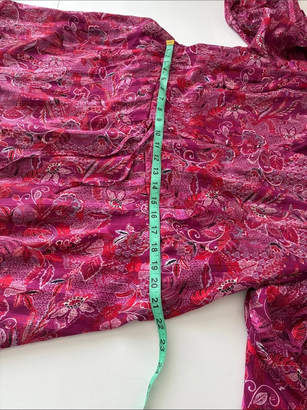 Vibrant Silky Ruffle Flirty Pink Maroon Paisley V-Neck Elastic Waist Dress - Picture 4 of 10